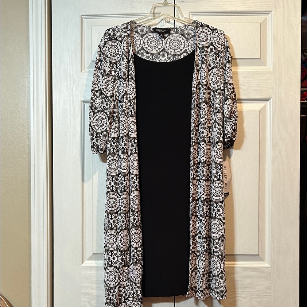 Perceptions NY - XL Black Faux Dress Black, Tan & White Patterned Overlay Jacket